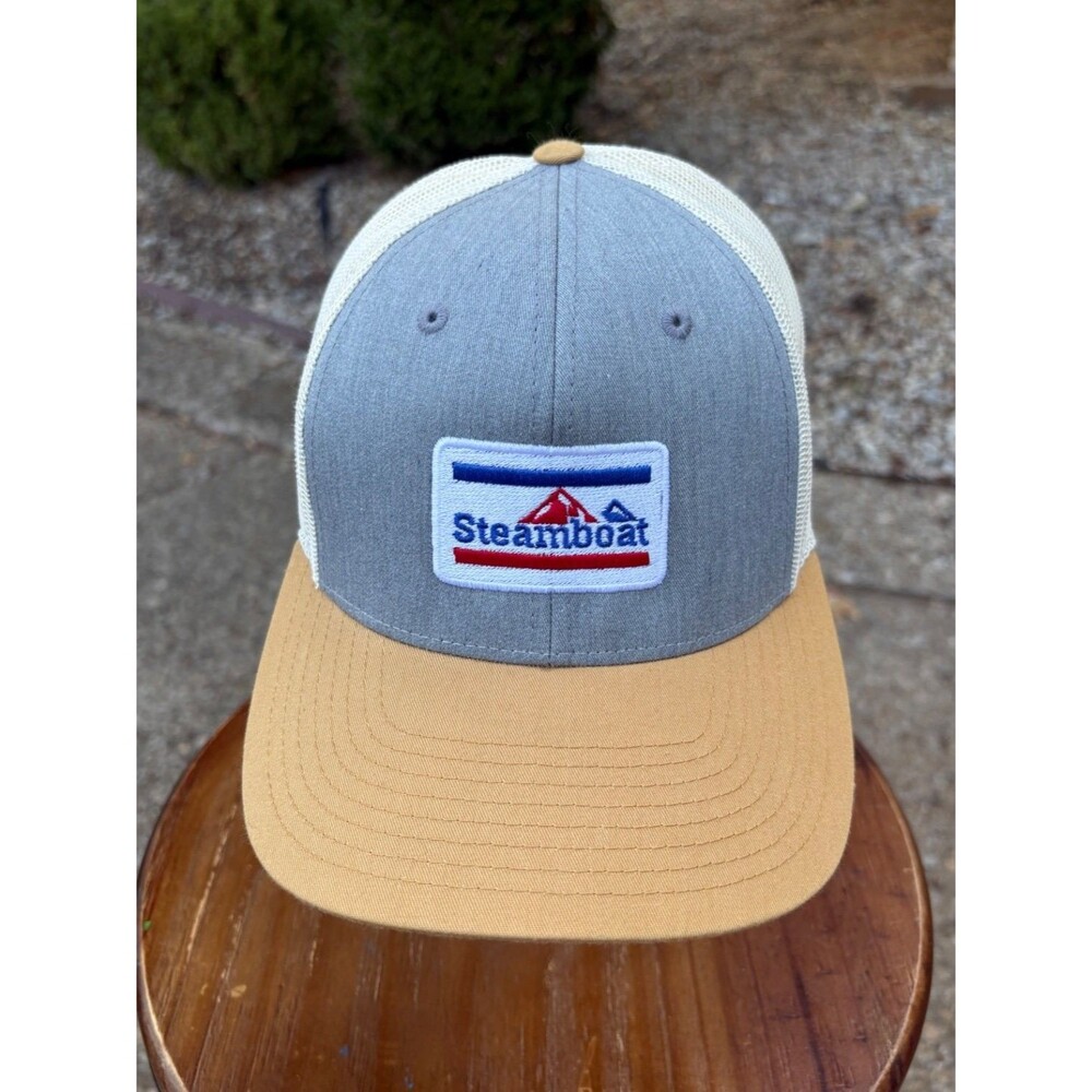 Steamboat Retro Trucker embroidered patch hat by 879 Apparel Co. Gray White Tan